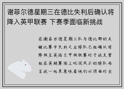 谢菲尔德星期三在德比失利后确认将降入英甲联赛 下赛季面临新挑战 谢菲尔德星期三在德比失利后确认将降入英甲联赛 下赛季面临新挑战