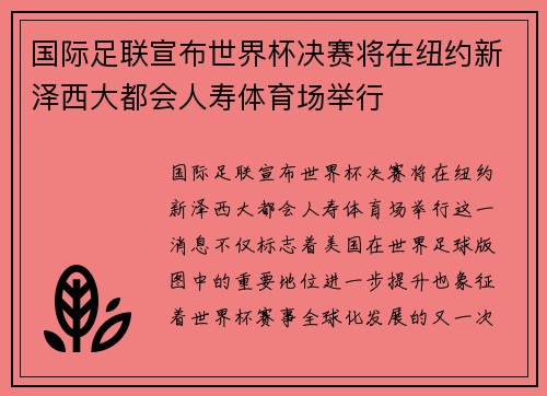国际足联宣布世界杯决赛将在纽约新泽西大都会人寿体育场举行