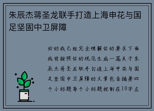 朱辰杰蒋圣龙联手打造上海申花与国足坚固中卫屏障
