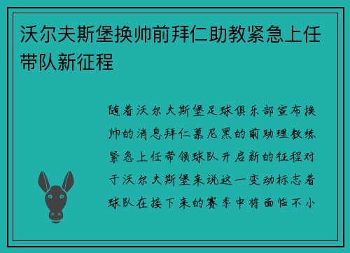 沃尔夫斯堡换帅前拜仁助教紧急上任带队新征程